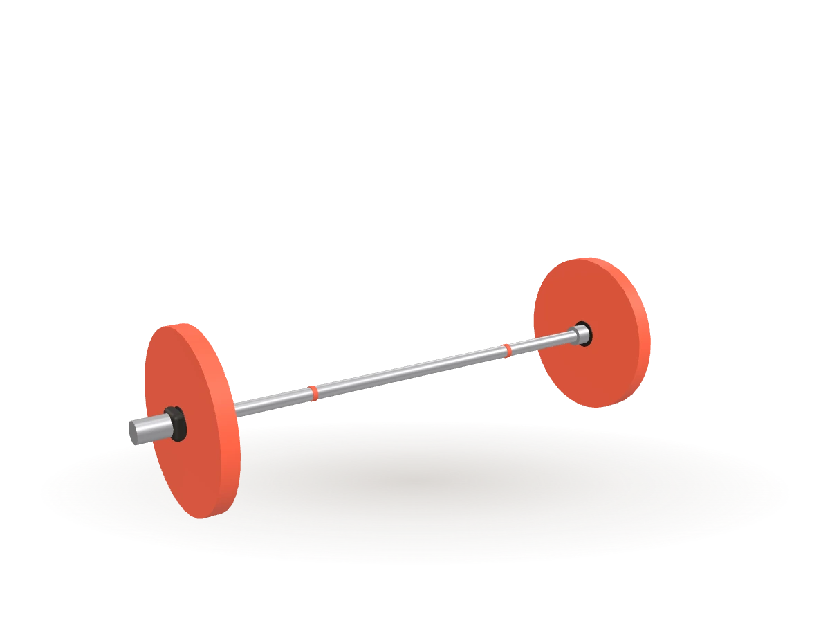 Train — a loaded barbell with vermillion and ink plates floating over a soft shadow, rendered in three.js