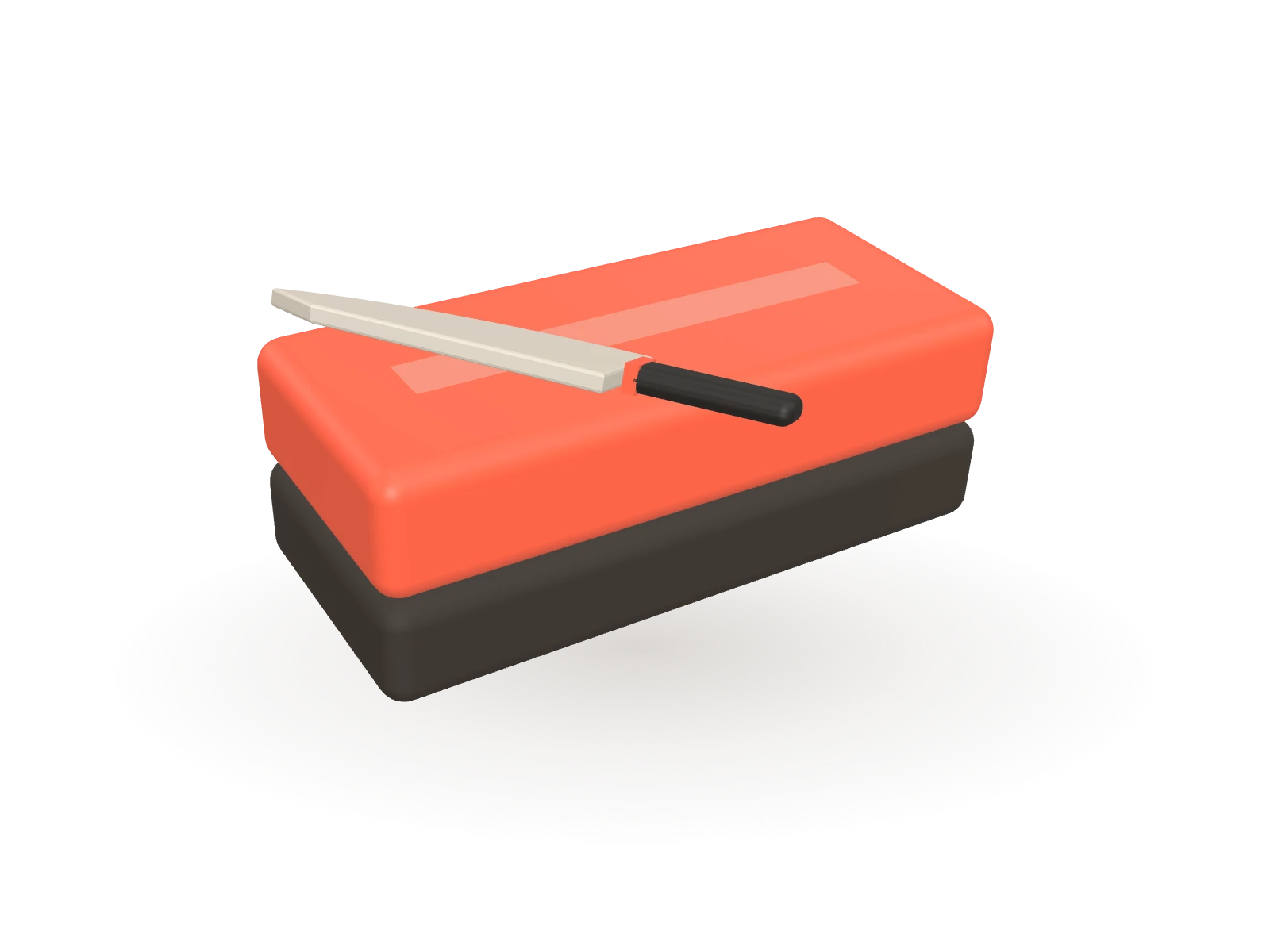 Whetstone — a knife resting on a floating dual-grit sharpening stone in vermillion and ink, rendered in three.js